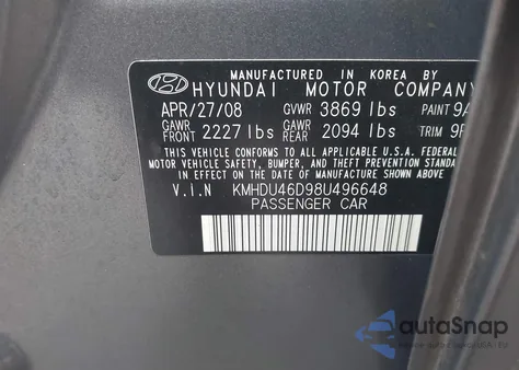 2008 Hyundai Elantra Gls/Se z USA, uszkodzony, nr VIN KMHDU46D98U496648